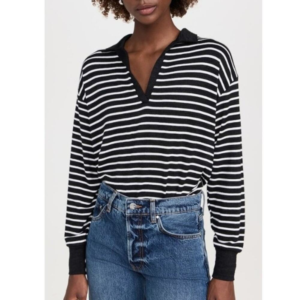 Rag & Bone Knit Stripe Polo V Neck Black White Long Sleeve Relaxed L